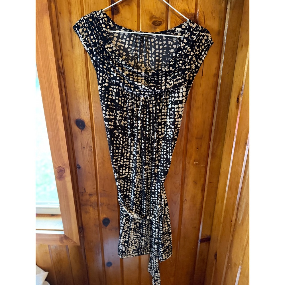 Daisy Fuentes Black Beige Abstract Print Belted Empire Waist Dress size Small‎